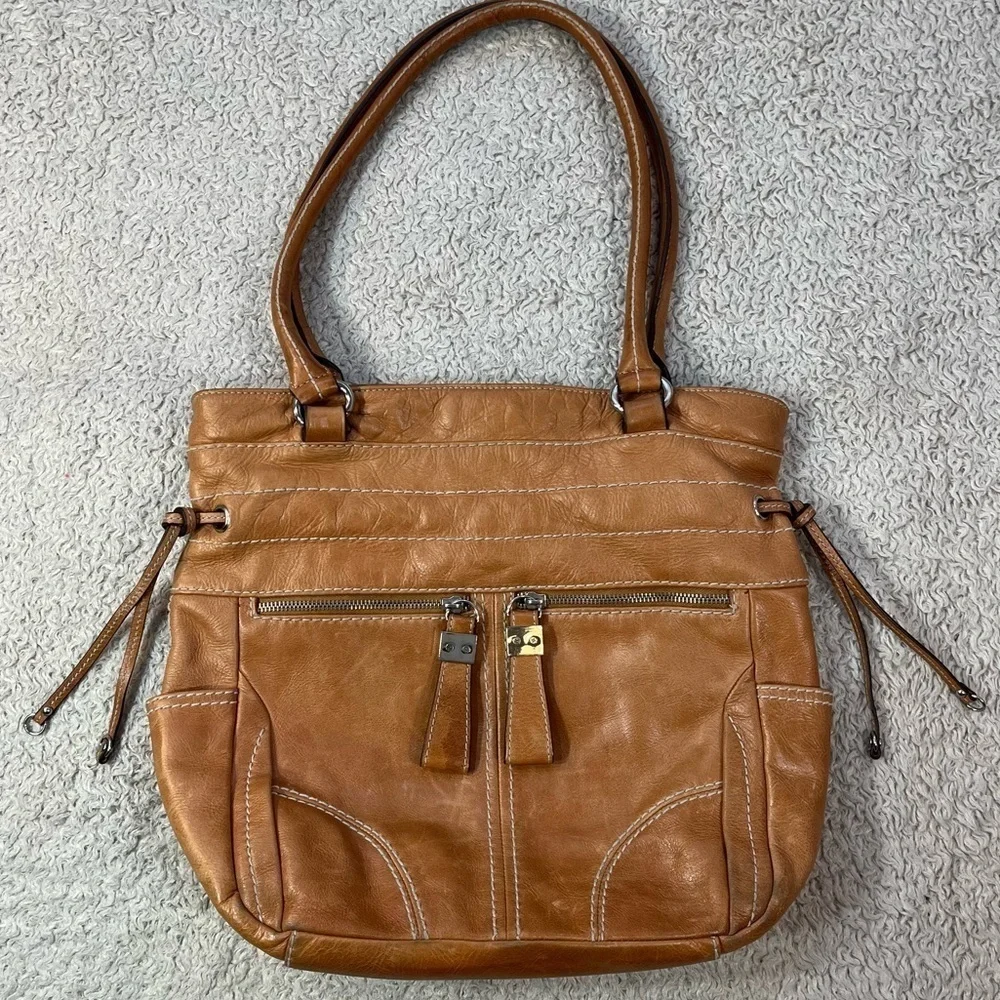 Tignanello Carmel Genuine Leather Hobo Bag 3 Front Zippered Pockets Big Interior